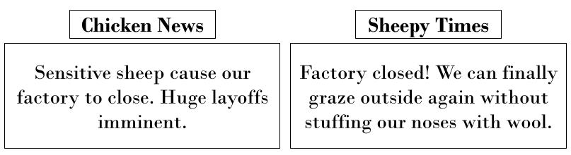 Neutral base story text used to generate headlines: ‘From one day to the next the brand-new chicken factory that produced eggs for the whole farm is shut down; the sheep thought it produced too much stench.’