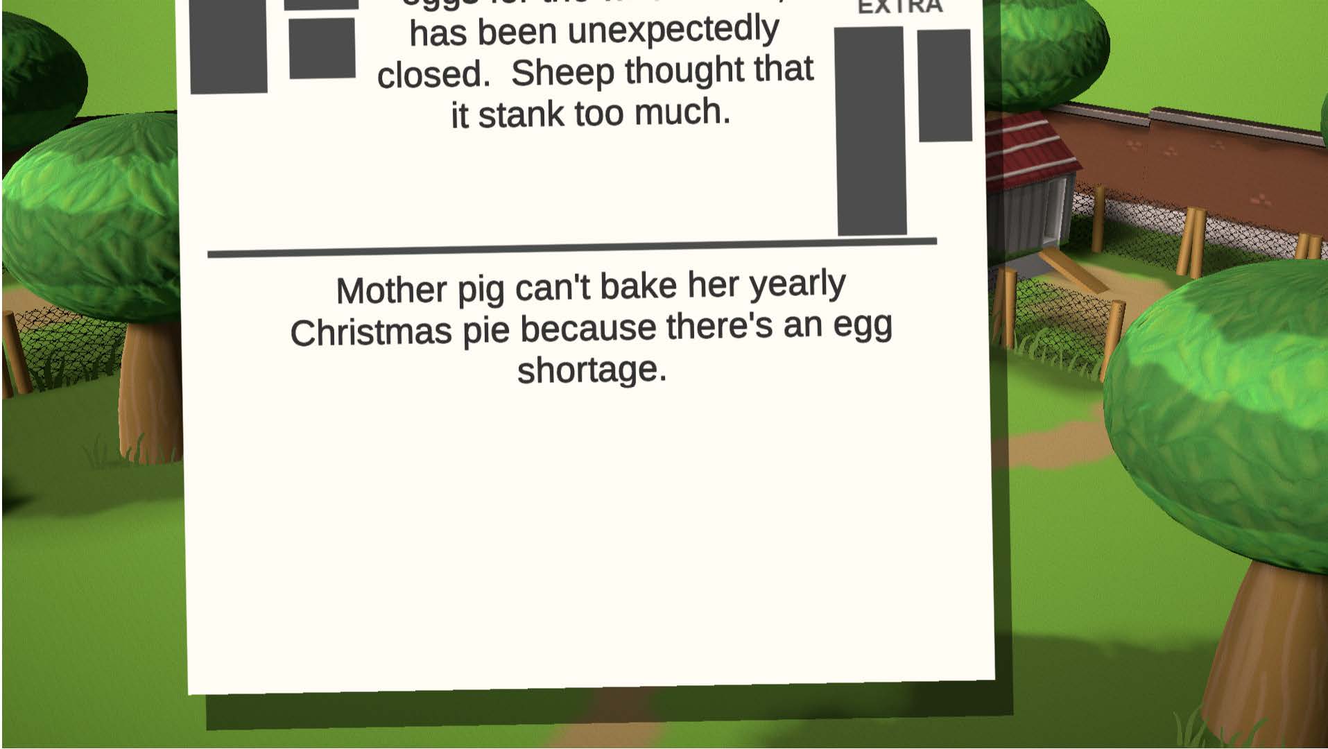 Two contrasting species-specific newspaper headlines used in the game: ‘Chicken News—Sensitive sheep cause our factory to close. Huge layoffs imminent.’ and ‘Sheepy Times—Factory closed! We can finally graze outside again without stuffing our noses with wool.