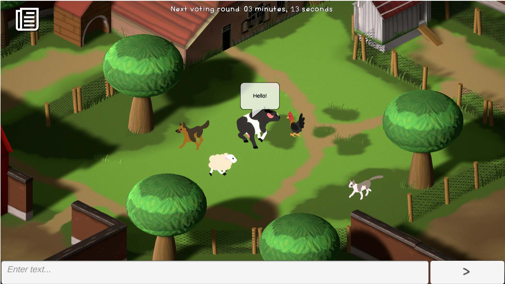 In-game screenshot of Diermocratie: animal avatars in a farmyard, one saying ‘Hello!’; a timer at the top shows time to the next voting round; a notes icon is at top-left; a chat input field spans the bottom.