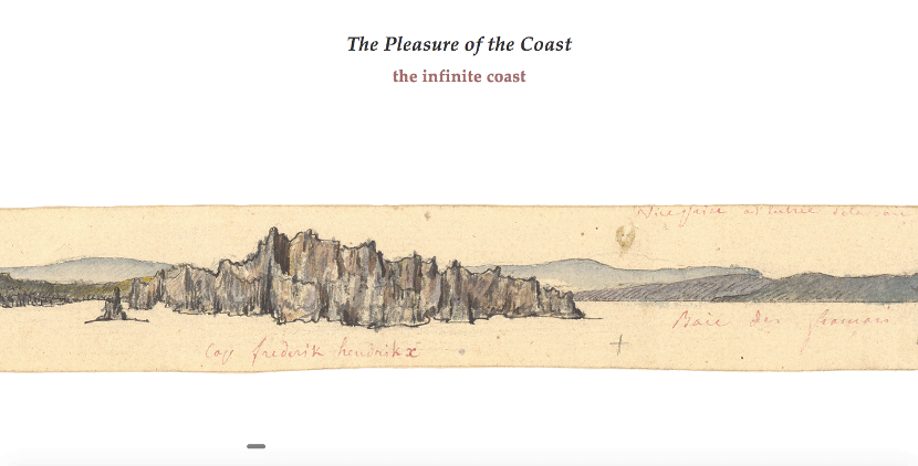 Digital artwork titled “The Pleasure of the Coast.” The screen shows a long, narrow, hand-drawn coastal landscape in muted colors with text above reading “the infinite coast.”